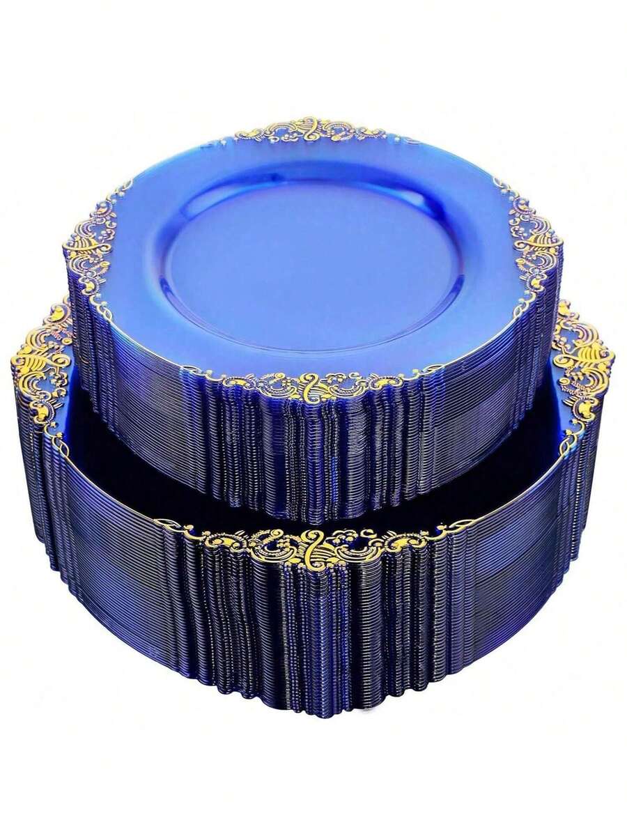 50pcs/25pcs/20pcs/10pcs 7.5inch/10.25inch Transparent Blue Rimmed Plates, Available In Glass Or Plastic Material, Western Dinner Plates, Party Plates, Pasta Plates, Reusable Blue Rimmed Plates, Transparent Blue Baroque Style Plates With Gold Foil Rim, Suitable For Party, Banquet, Wedding, New Year, Valentine's Day, Premium Plate Set - Blue - View 1