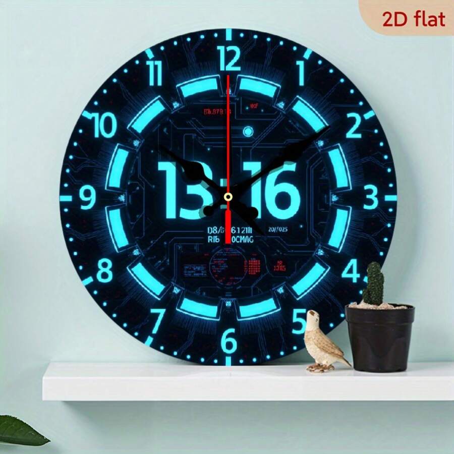 10inch Modern  Blue Digital Analog Wall Clock Silent Quartz Movement, Battery Powered (AA Batteries Not Included) Simple Home, Office, Living Room, Bedroom Decoration Perfect Gift For Halloween, Mother's Day, Easter Stylish Modern Clock, Futuristic Design, High-Quality Craftsmanship, A Choice For Technology Enthusiasts, 2D Flat Surface - 10*10英寸 - 查看 1