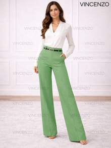 Women's Tailored Trousers, High Waist, Casual, Elegant, Belted, Wide Leg Pants - 嬰兒綠 - 查看 4