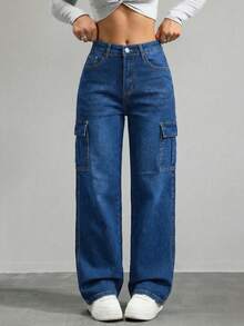 Wide-Leg Denim Pants With A Flattering High Waist And Functional Cargo-Style Side Pockets - Blue H2KB13 - View 19