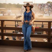 Women's Country Style Vest And Flare Jeans Set With Rhinestones - Luxury, Ideal For Country Music Events And Rodeo Parties. - CHALECO DE LUJO CROSS PANTS - Ver 5
