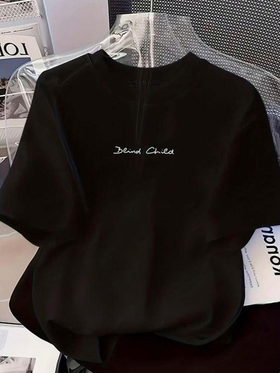 Women's T-Shirt, 100% Cotton, With Delicate Slogan Print, Short Sleeves And Round Neck - 黑色 - 查看 1