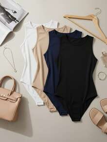 Women's Bodysuit Set: Tank Top, Bodysuit, Leotard, Versatile, Casual, Closed Back, Second Skin, Basic, Stylish, Various Colors - 4 MÓN - ĐEN/TRẮNG/XANH NAVY - Xem 1