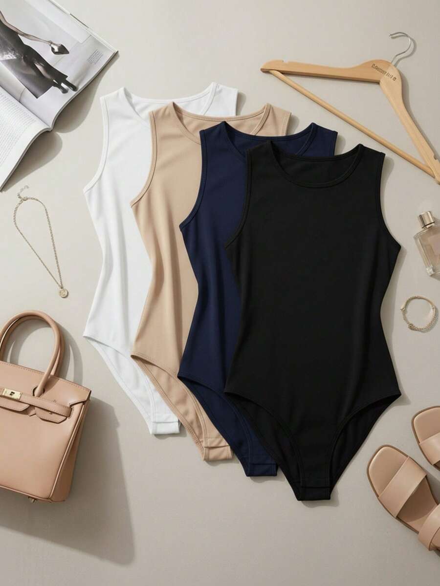 Women's Bodysuit Set: Tank Top, Bodysuit, Leotard, Versatile, Casual, Closed Back, Second Skin, Basic, Stylish, Various Colors - 4 MÓN - ĐEN/TRẮNG/XANH NAVY - Xem 1