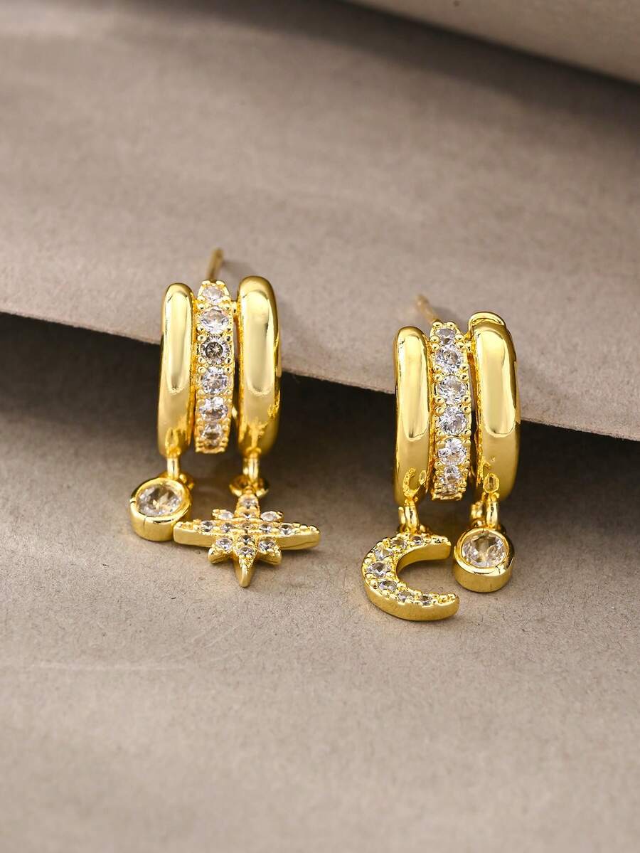 1 Pair Gold Earrings, Fashionable Elegant Minimalist Luxury High-End Gold Copper Inlaid Cubic Zirconia Pendant Earrings, Suitable For Women's Daily Wear - Gold - View 1