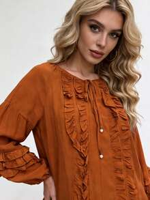 Women's Blouse / Cotton / With Ruffle Front / With Ruffle Details On Sleeves / Super Comfortable / Pleated Knot / Vacation Home - 鏽棕色 - 查看 3