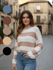 Blusa Feminina Tricô Tricot Listrada Manga Longa Gola Redonda Inverno Versátil - Nude - Visão 4