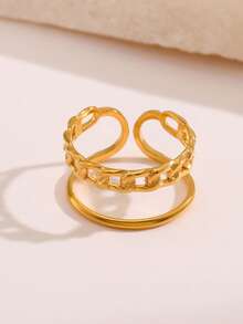 1pc 18K Gold Plated Stainless Steel Geometric Line Design Open Ring, Suitable For Women's Daily Wear - Gold - View 3