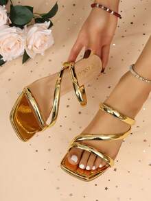 Women's High Heel Sandals With Butterfly Flower Design, Fashion Wedding Princess Shoes, Chunky Heel - Gold - View 4