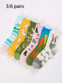 3/6 Pairs Unisex Novelty Rabbit & Carrot Pattern Mid-Calf Socks, Funny Design Suitable For All Seasons - Multicolor - View 10