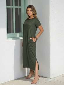Women's Midi Dress With Pockets Round Neck Everyday Loose Fit - 軍綠色 - 查看 3