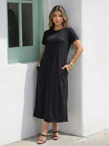 Women's Midi Dress With Pockets Round Neck Everyday Loose Fit - màu đen - Xem 1