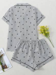 Striped Bow Print Women Bubble Crinkle Short Sleeve Shorts Pajama Set - Black - View 10