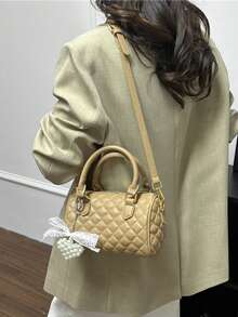 Luxury Quilted Boston Bag For Women, Designer Inspired Mini Handbag With Detachable Lace Pearl Pendant, Multifunctional Top Handle And Adjustable Shoulder Strap, Elegant PU Leather Tote Suitable For Work, Date And Daily Use, Classic Small Pillow Bag Design - Khaki - View 6