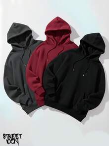 Set Of 3 Colorful Kangaroo Hoodies Streetwear Street Fashion Urban Culture Skaters Unisex 100% Cotton Premium Top Streetwear New Release Immediate Shipping Various Colors!! - 鉛色,勃根地酒紅色和黑色 - 查看 1