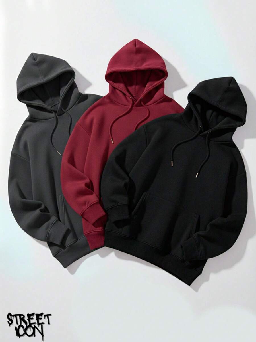 Set Of 3 Colorful Kangaroo Hoodies Streetwear Street Fashion Urban Culture Skaters Unisex 100% Cotton Premium Top Streetwear New Release Immediate Shipping Various Colors!! - 鉛色,勃根地酒紅色和黑色 - 查看 1
