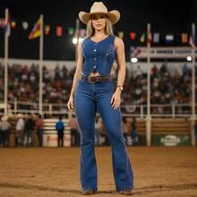 Conjunto Colete E Calça Flare Jeans Country Feminina Pedraria Luxo ideal para eventos sertanejo festas de peão Boiadeiro - CALÇA BRILHO COLETE LUXO - Visão 1