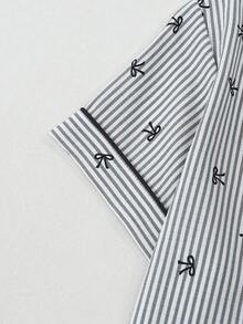 Striped Bow Print Women Bubble Crinkle Short Sleeve Shorts Pajama Set - Black - View 3