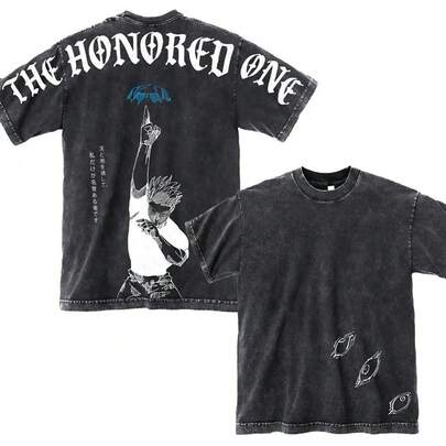 The Honored One Gojo JJK Camiseta de Algodón Oversize con Estampado Gráfico Estilo Vintage Negro Lavado Ácido Inspirada en Anime para Niños, Ropa Casual Urbana