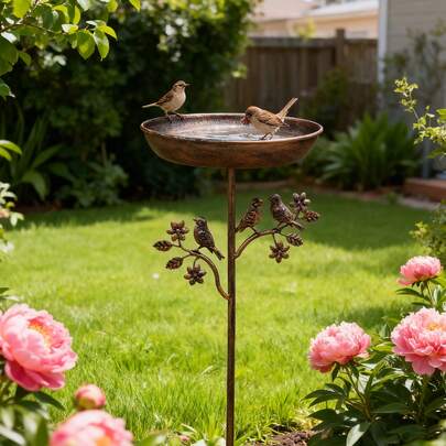 Bronze Pedestal Bird Bath With Bird & Flower Stake, Antique Copper Finish Metal Bird Bath For Outdoor Garden, Patio, Lawn, Yard Decor, Freestanding Birdbath With Decorative Birds And Floral Accents, Weather Resistant Garden Art, Attracts Wild Birds, Vintage Style Outdoor Water Feature, Perfect Gift For Bird Lovers And Garden Enthusiasts
