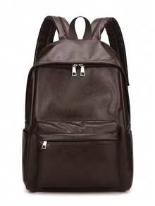 新款复古风双肩包，多功能PU时尚手提包，旅行双肩包，男女通用大容量简约双肩包，商务休闲旅行笔记本电脑双肩包，轻便大学生双肩包 - 棕色 - 查看 4