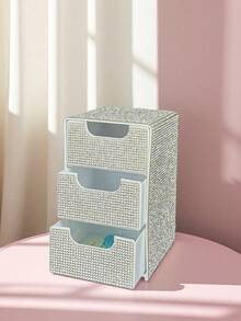 1pc Fully Rhinestoned 3-Drawer High-Aesthetic Desktop Storage Box, Jewelry & Cosmetics Organizer - Multicolor - View 11