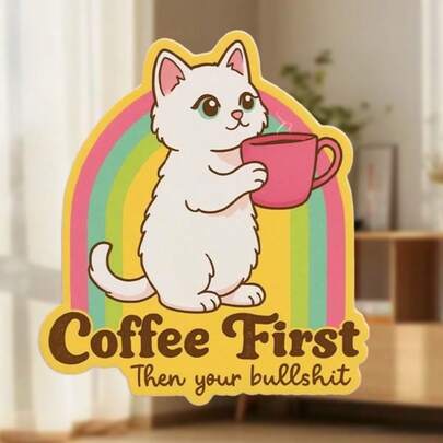 “先喝咖啡，再享受生活”冰箱贴：复古风格白猫抱着咖啡杯，你的晨间仪式，现实主义者的冰箱装饰