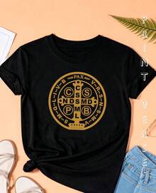 Women's T-Shirt With Saint Benedict Medal, Religious Baby Look, Christian, Catholic Faith, The Holy Cross, Shield Of Divine Protection. - 黑色 - 查看 1