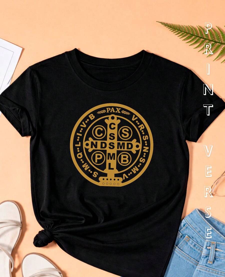 Women's T-Shirt With Saint Benedict Medal, Religious Baby Look, Christian, Catholic Faith, The Holy Cross, Shield Of Divine Protection. - 黑色 - 查看 1