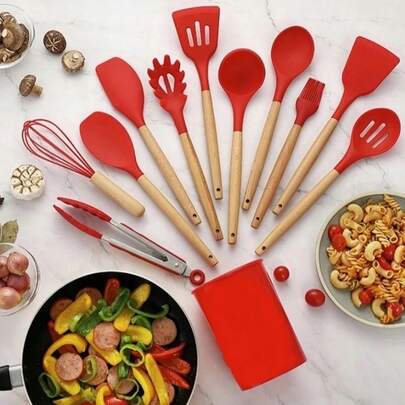 Set di utensili da cucina in silicone, 12 pezzi, set di utensili da cucina in silicone con manico in legno, antigraffio, antiaderenti, rosa, con supporto per cucinare in cucina