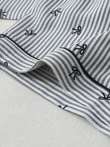 Striped Bow Print Women Bubble Crinkle Short Sleeve Shorts Pajama Set - Black - View 7