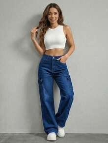 Wide-Leg Denim Pants With A Flattering High Waist And Functional Cargo-Style Side Pockets - Blue H2KB13 - View 6