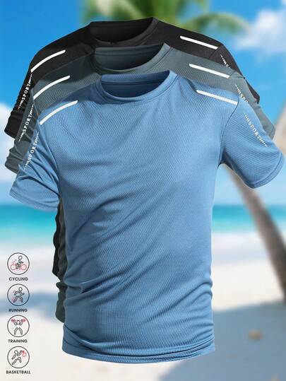 Men's Spring Summer 3 PiecesStriped Sports T-Shirt Set | Lightweight Quick Dry Athletic Tee For Cycling, Running, Training & Basketball