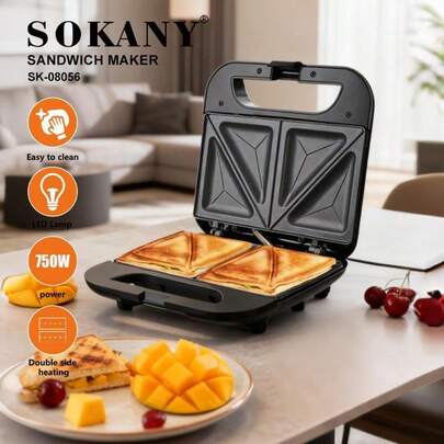  SOKANY SK-08056 Sandwich Maker, 750W, Double-Sided Heating, Non-Stick Coating, Indicator Light, Easy Cleaning, Anti-Slip Pads, Ideal For Making Sandwiches At Home, Essential Kitchen Baking Tool