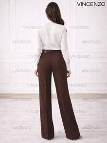 Women's Tailored Trousers High Waist Wide Leg Pants With Belt Casual Elegant - 深棕色 - 查看 5