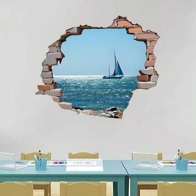 3D Visual Effect Broken Wall Seascape Sailboat Wall Sticker, High-Quality Flat Printing, Self-Adhesive Ocean Scenery Decor Sticker, Suitable For Living Room Bedroom Wall, Creative Wallpaper
