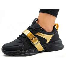 Women's Casual Sports Shoes, Black & Gold Buckle, Soft Material, Soft Sole, Thick Platform Shoes - Black Gold - View 9