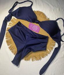Trilobal Sport Bikini Set With Knot Top And Hot Pant Bottoms – Comfort And Style For Summer - 藏蓝色 - 查看 2