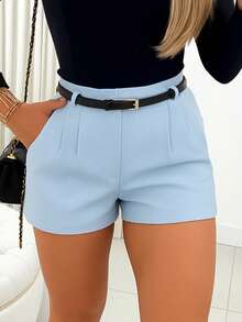 Women's Tailored Shorts With Belt - Baby Blue. - View 2