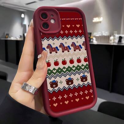 1pc Red Knitted Sweater, Cute, Beautiful, Vibrant, Fashionable, European And American Style For Women; 1pc Matte Black Lens Frame Stair Design Soft Protective Phone Case, Suitable Compatible With Samsung/Galaxy///Honor/