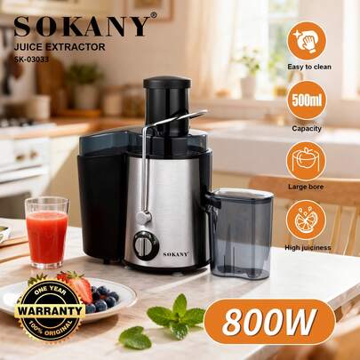  SOKANY 03033 Multifunktionell mixer i rostfritt stål, 800 W högeffektsmotor, 500 ml stor kapacitet, matar hela frukter utan att behöva skäras, 99 % juiceutbyte, filterlös design, lämplig för hemmabruk och kommersiellt bruk