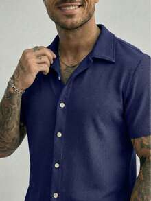 Men's Waffle Shirt For Casual Summer Wear - 藏蓝色 - 查看 1