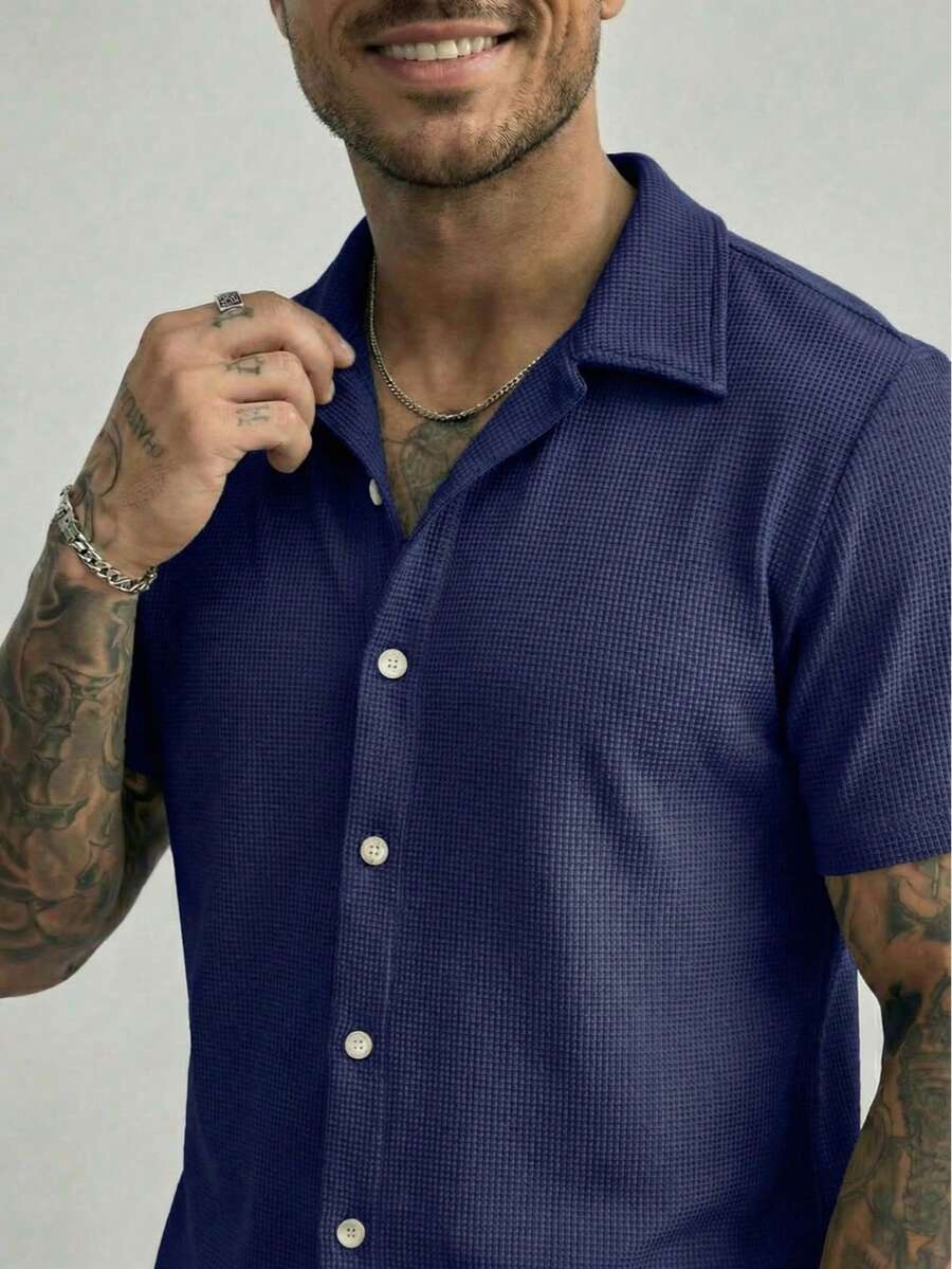 Men's Waffle Shirt For Casual Summer Wear - 藏蓝色 - 查看 1