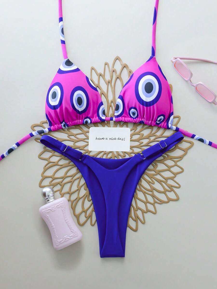 2pcs Polka Dot Eye Sexy Backless Tie-Up Fashion Women Swimwear Bikini Set, Suitable For Spring/Summer, Vacation, Beach, Stage And Concert - Multicolor - View 1