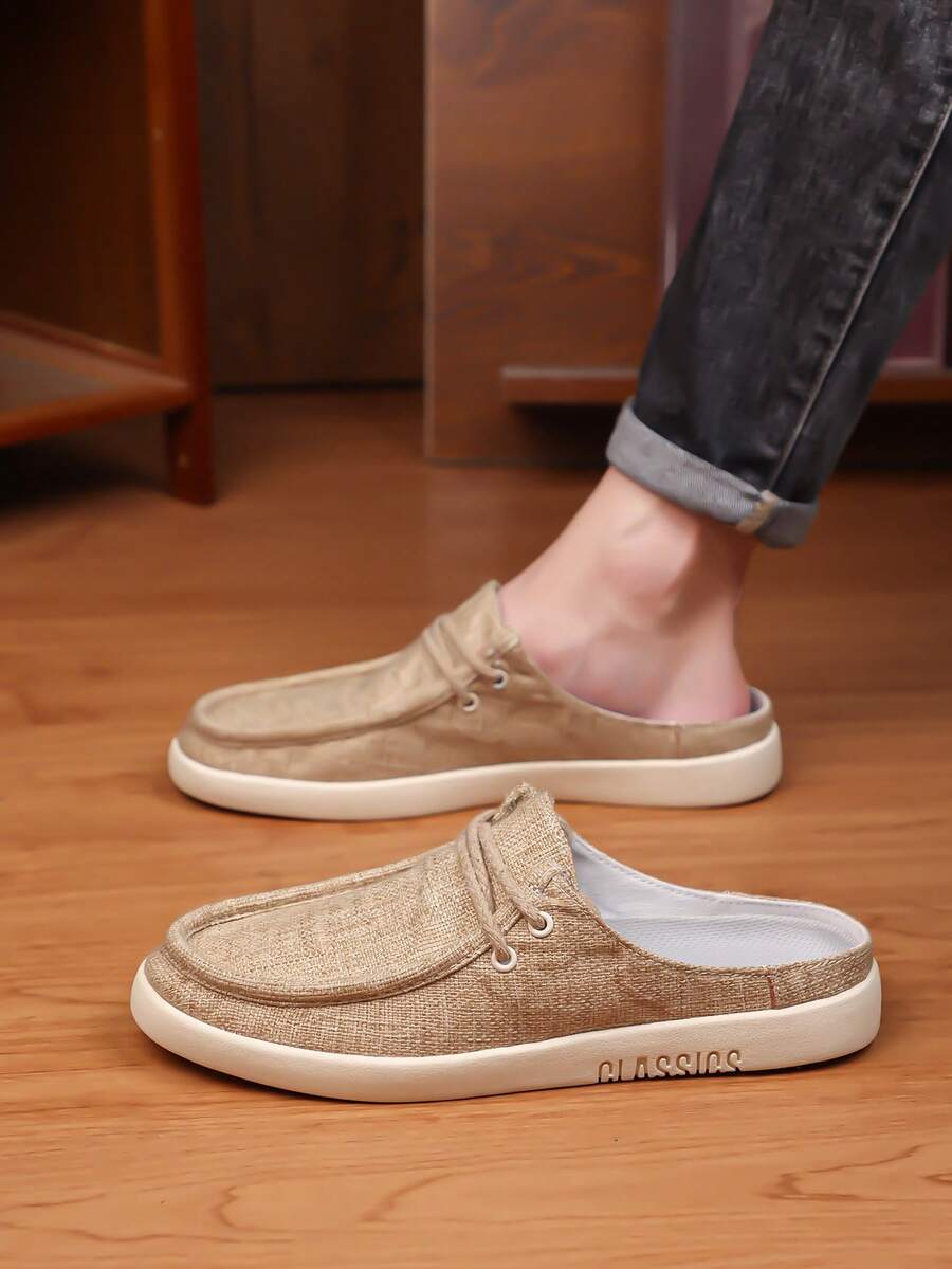 TOLLN 1 Pair Men's Linen Slippers, Non-Slip Durable Breathable Rubber Sole, Comfortable Casual Shoes - Khaki - View 1