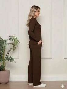 Lantern Sleeve Set, Shirt & Slanted Pocket, Women's Pants, Wool Fabric. - Cà phê nâu - Xem 3