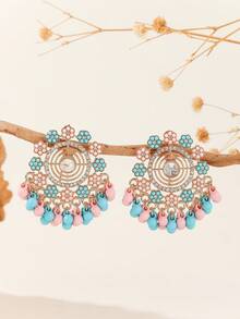 1 par de pendientes con borlas, cuentas redondas huecas y flores de estilo bohemio con diamante de imitación, accesorios de joyería casual y linda adecuados para uso diario de mujeres y niñas, festivales, bodas y fiestas/regalos de joyería - Clásico - Ver 6