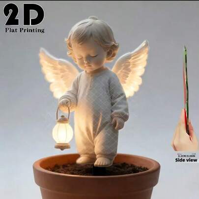 1pc 2D Flat Cute Angel Holding Illuminated Lamp Garden Stake Decor, Outdoor Yard Decoration, Garden Lawn Decor, Easter Holiday Garden And Flowerbed Decoration Stake, Mourning And Cemetery Memorial Decor, Gravestone Decor, For Monument And Graveyard, Outdoor Decor, Condolence Gift
