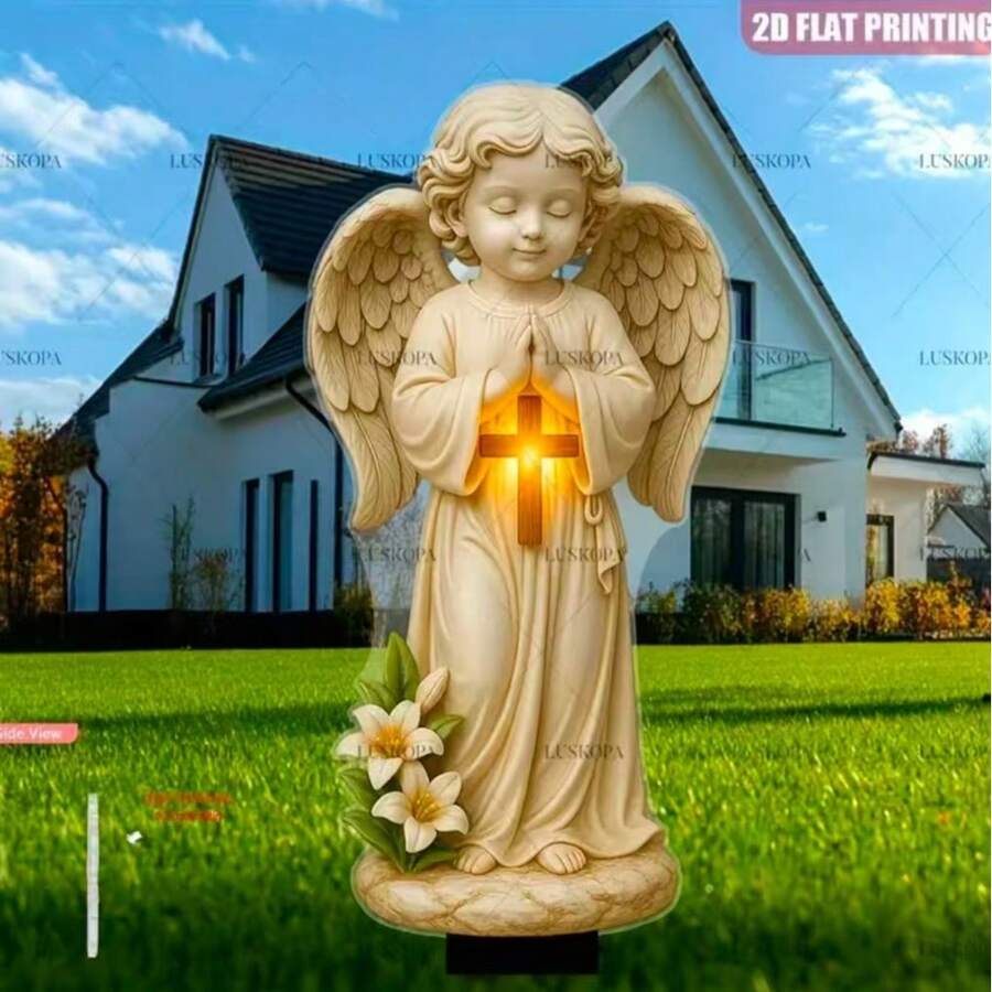 Estátua de anjo e cruz em acrílico, plana, para todas as estações, peça única, para jardim. Decoração externa para simbolizar a paz celestial. Resistente às intempéries, ideal para monumentos e cemitérios. Decoração para Páscoa e Dia das Mães. Não requer eletricidade. - A - Ver 1
