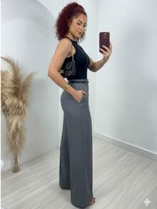 Women's Tailored Wide-Leg Trousers With High Waist, Belt, And Front Crease Detail – Elegant Business Casual Style. - 灰色 - 查看 3